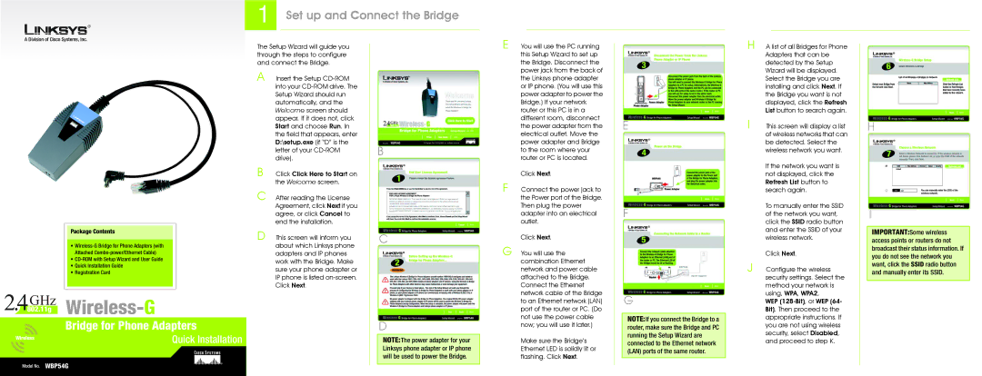 Cisco Systems WBP54G manual Set up and Connect the Bridge, Package Contents 