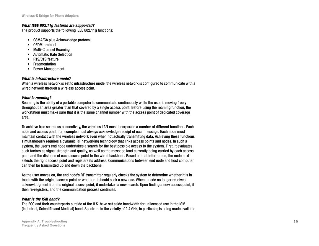 Cisco Systems WBP54G manual What Ieee 802.11g features are supported?, What is infrastructure mode?, What is roaming? 