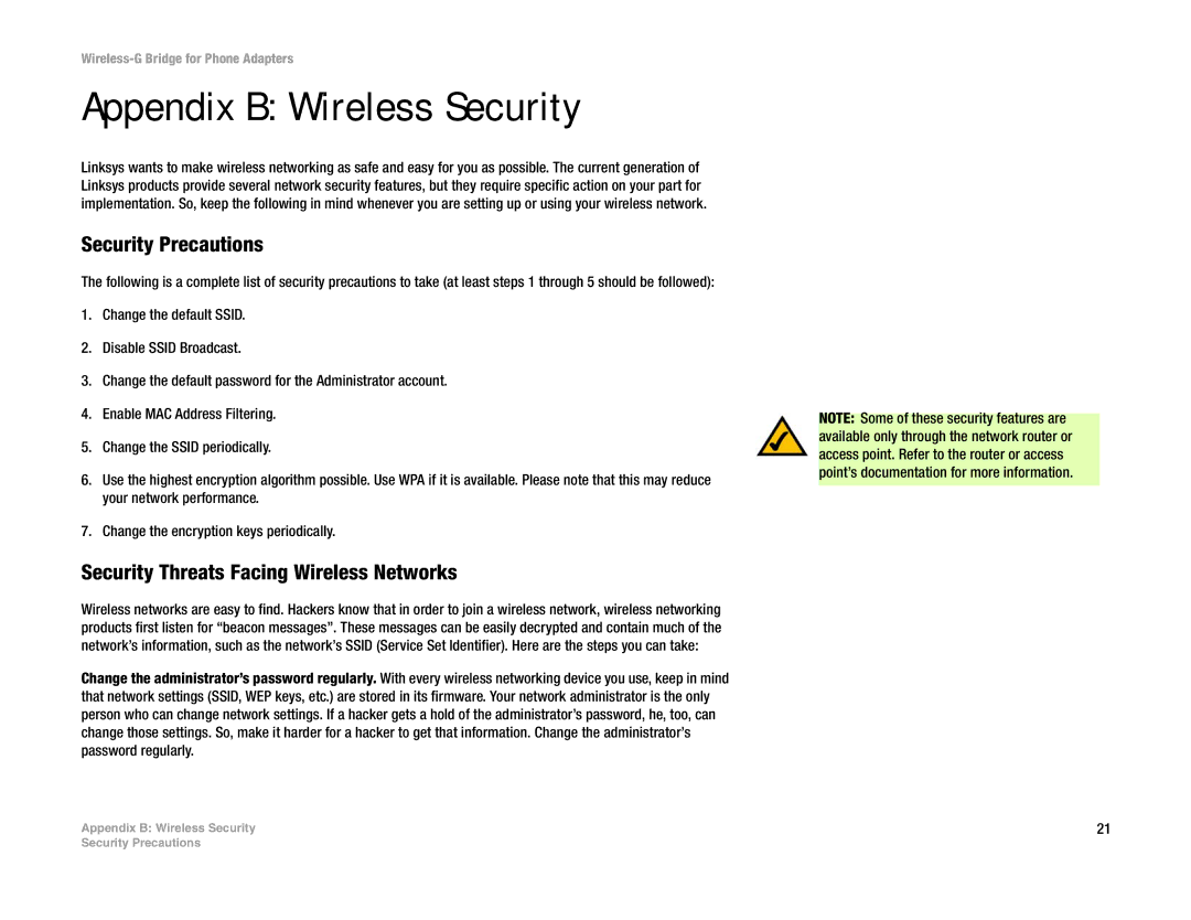 Cisco Systems WBP54G manual Appendix B Wireless Security, Security Precautions, Security Threats Facing Wireless Networks 