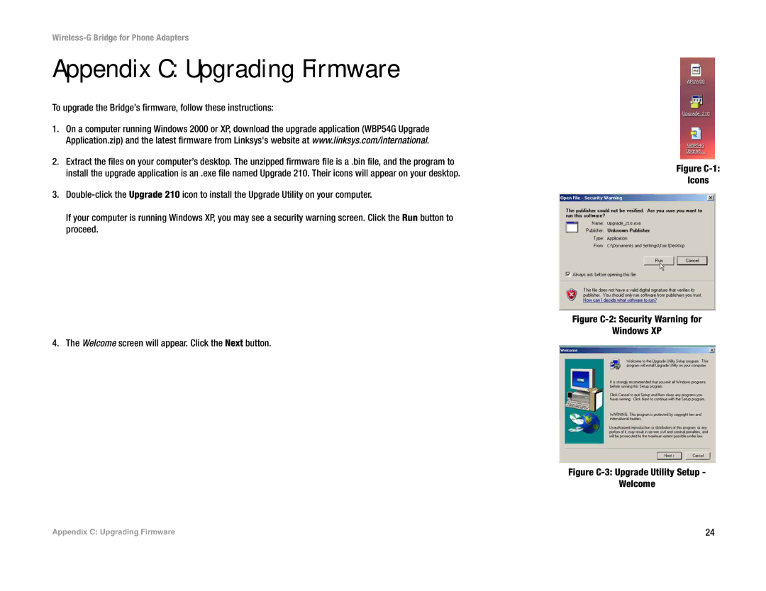 Cisco Systems WBP54G manual Appendix C Upgrading Firmware, To upgrade the Bridge’s firmware, follow these instructions 