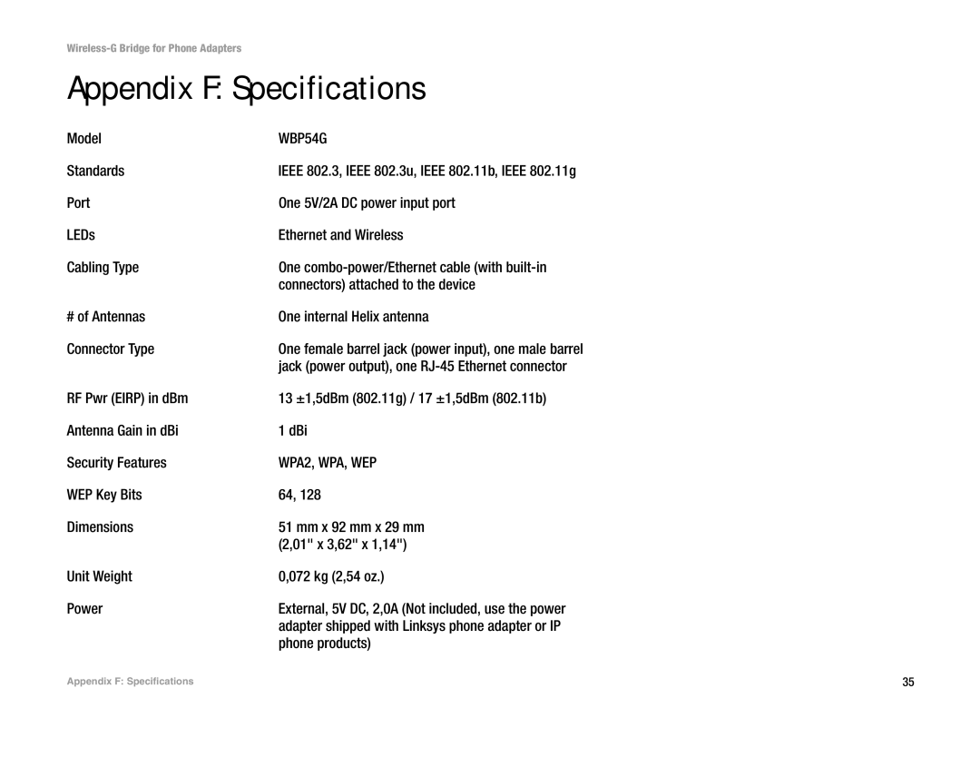 Cisco Systems WBP54G manual Appendix F Specifications 