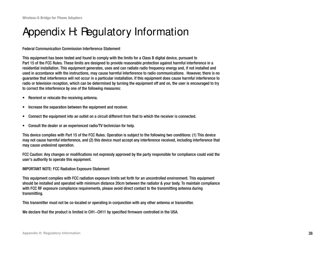 Cisco Systems WBP54G manual Appendix H Regulatory Information 