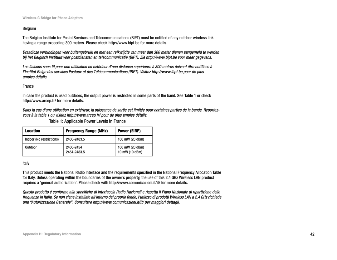 Cisco Systems WBP54G manual Applicable Power Levels in France 