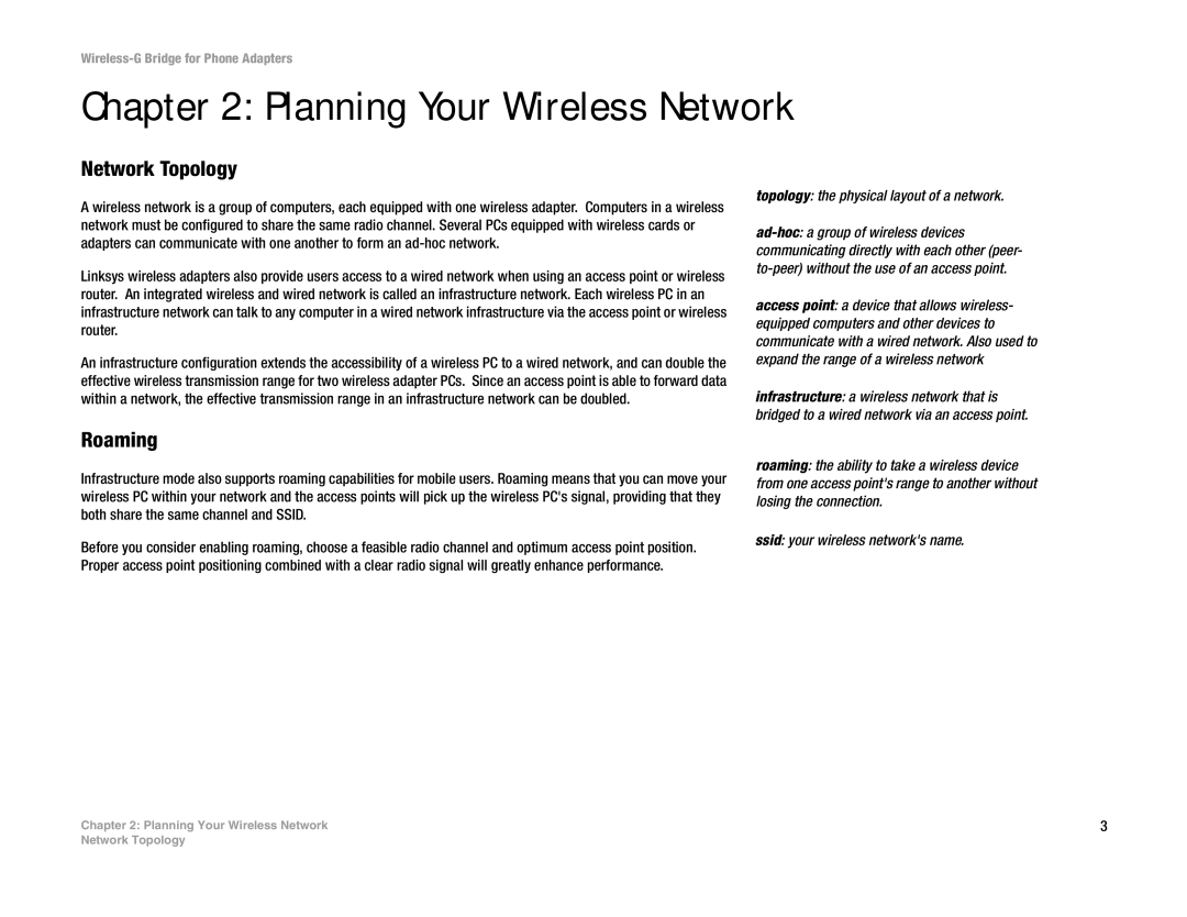 Cisco Systems WBP54G Planning Your Wireless Network, Network Topology, Roaming, Topology the physical layout of a network 