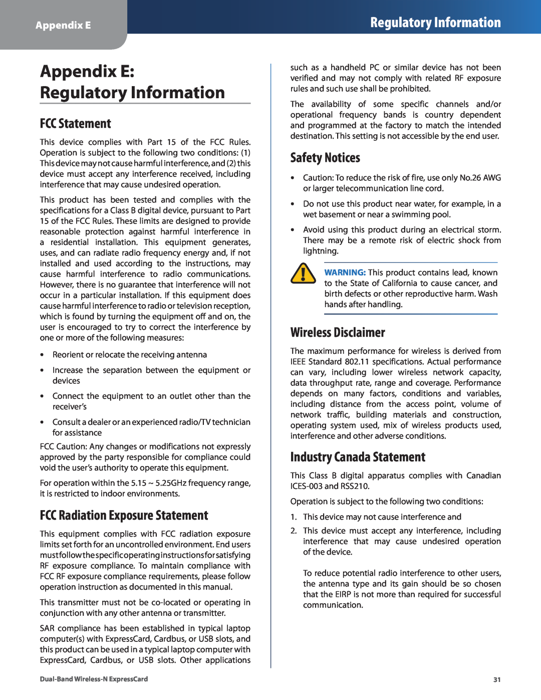 Cisco Systems WEC600N Appendix E Regulatory Information, FCC Statement, FCC Radiation Exposure Statement, Safety Notices 