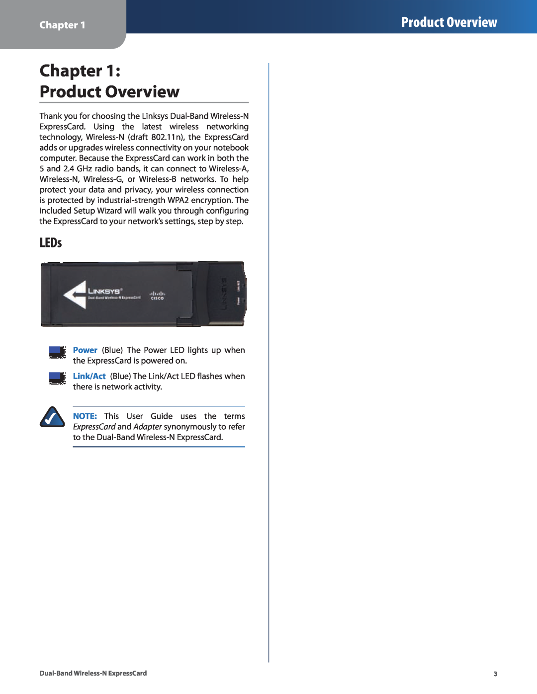 Cisco Systems WEC600N manual Chapter Product Overview, LEDs, Dual-Band Wireless-N ExpressCard 