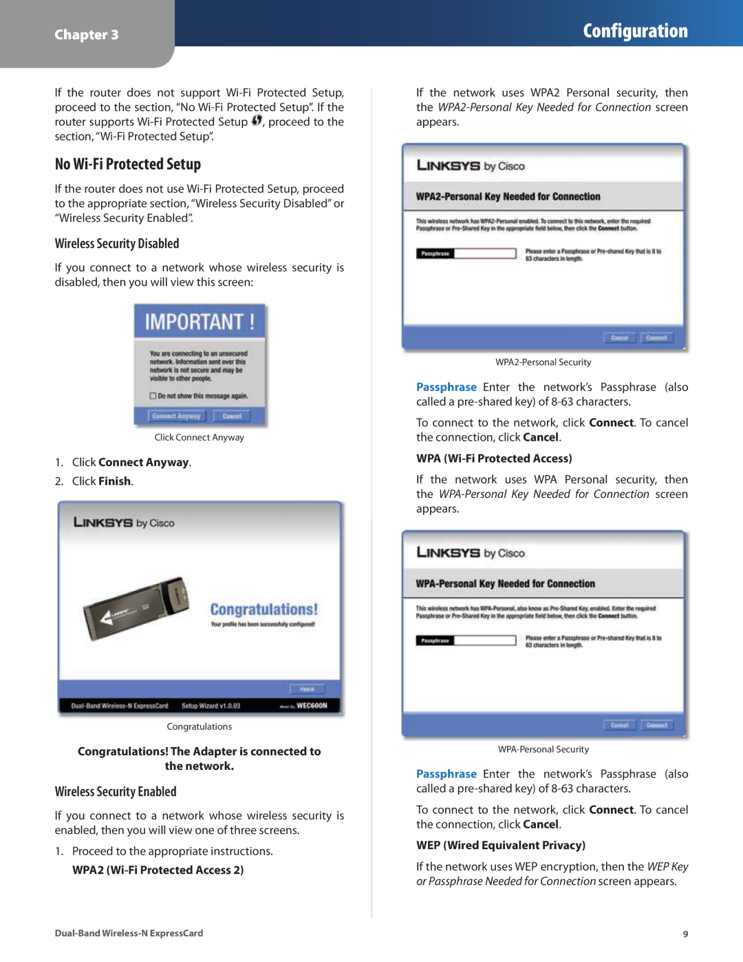 Cisco Systems WEC600N manual No Wi-Fi Protected Setup, Wireless Security Disabled, Wireless Security Enabled 