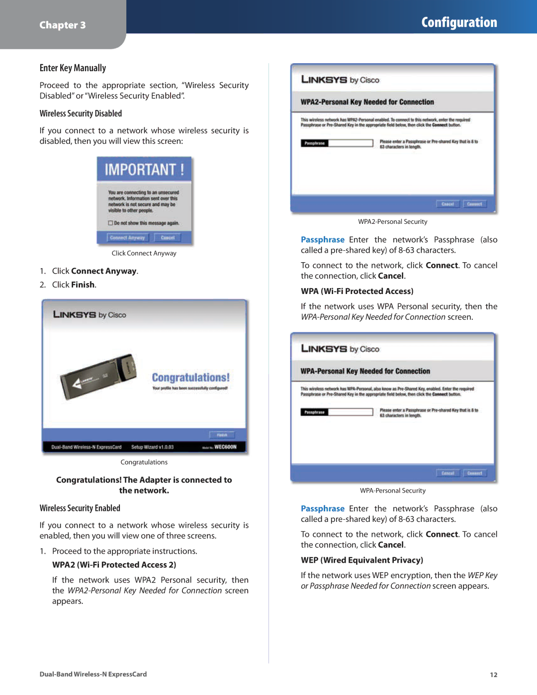 Cisco Systems WEC600N manual Enter Key Manually, Wireless Security Disabled 