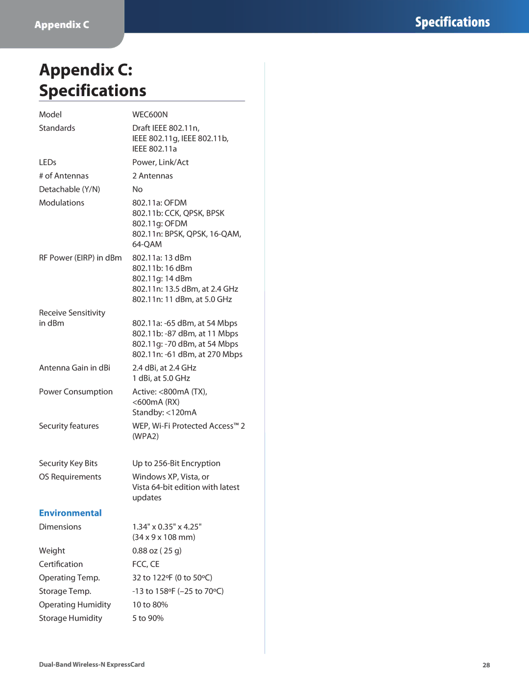 Cisco Systems WEC600N manual Appendix C Specifications 