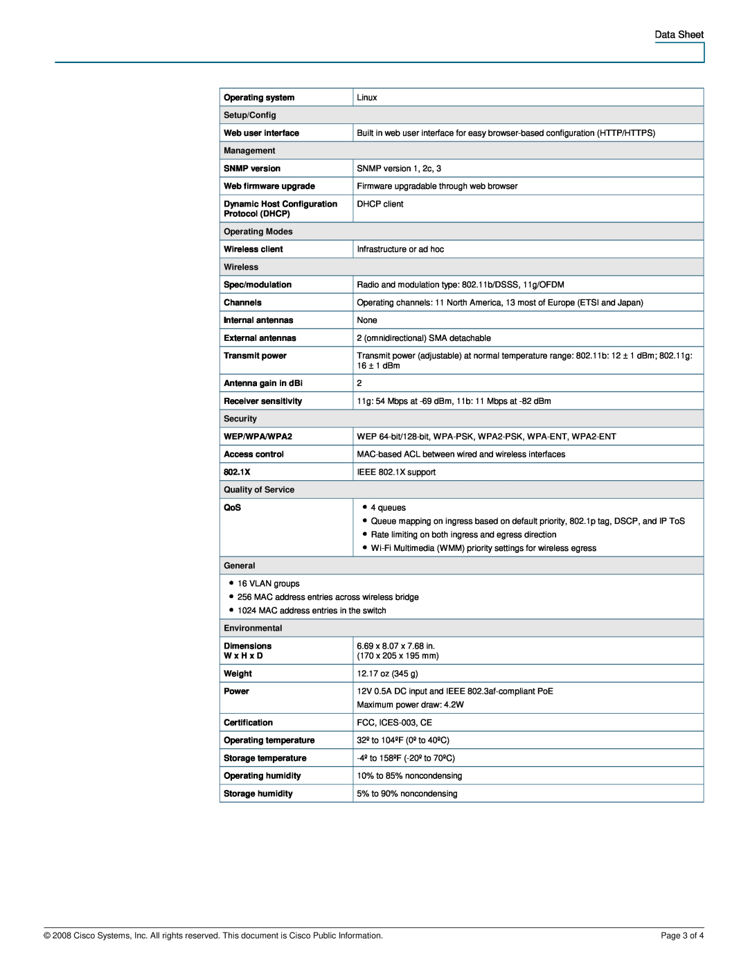 Cisco Systems WET200 manual Data Sheet, Operating system 