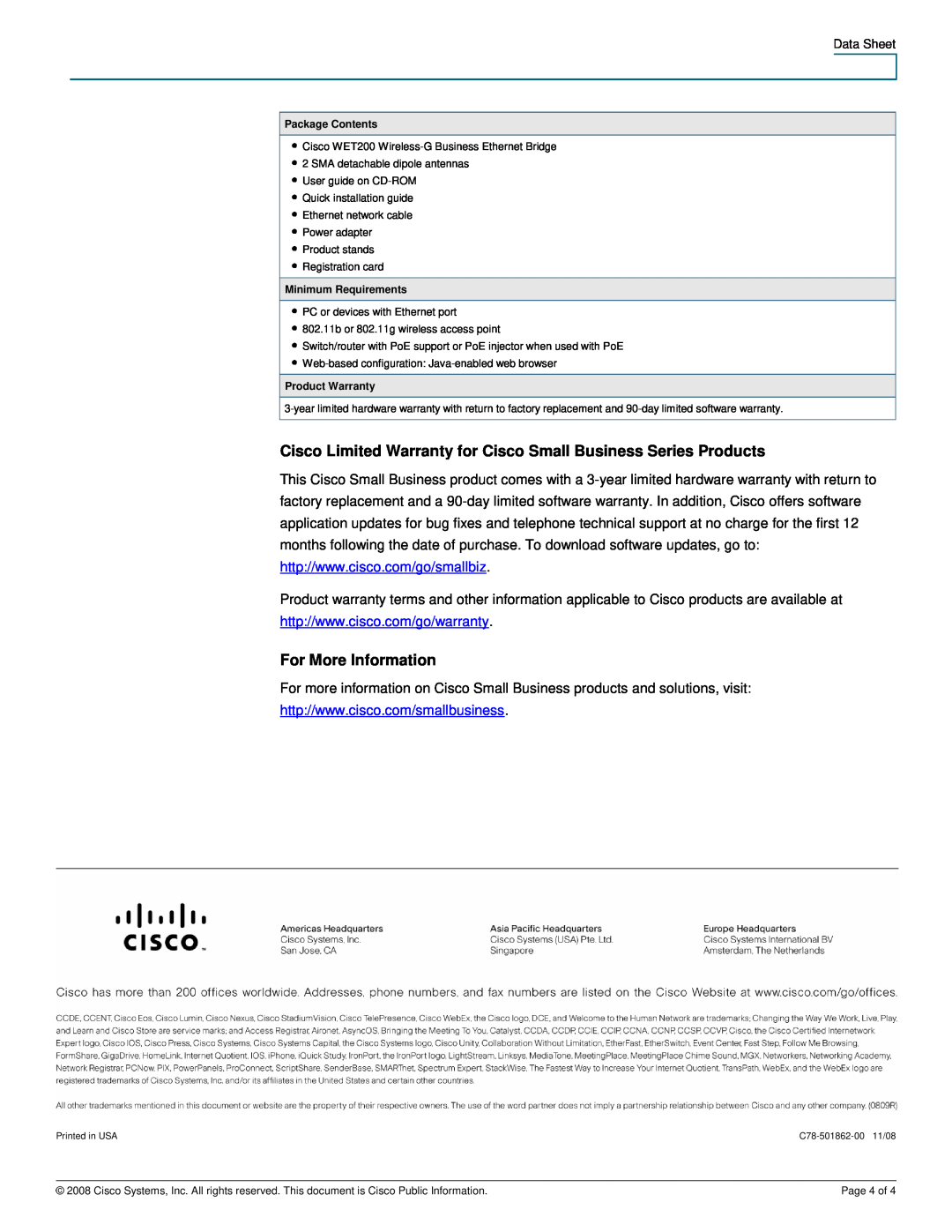 Cisco Systems WET200 manual Cisco Limited Warranty for Cisco Small Business Series Products, For More Information 