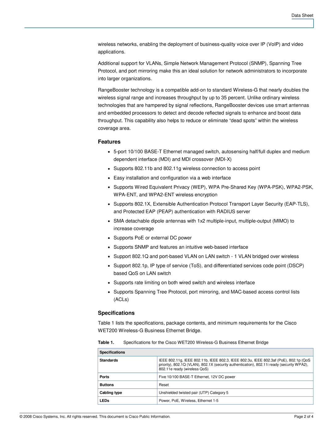 Cisco Systems WET200 manual Features, Specifications 