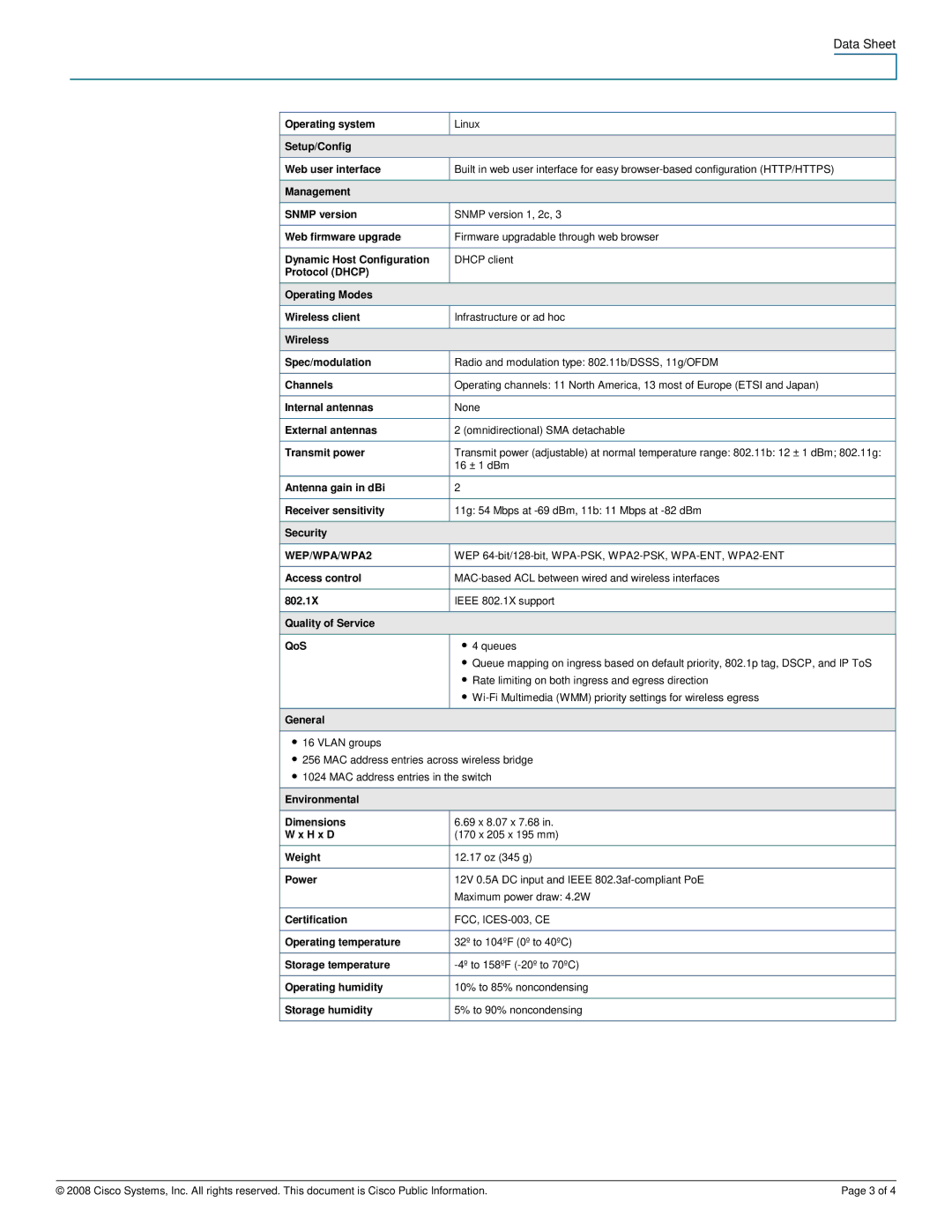 Cisco Systems WET200 Operating system, Setup/Config Web user interface, Management Snmp version, Web firmware upgrade 