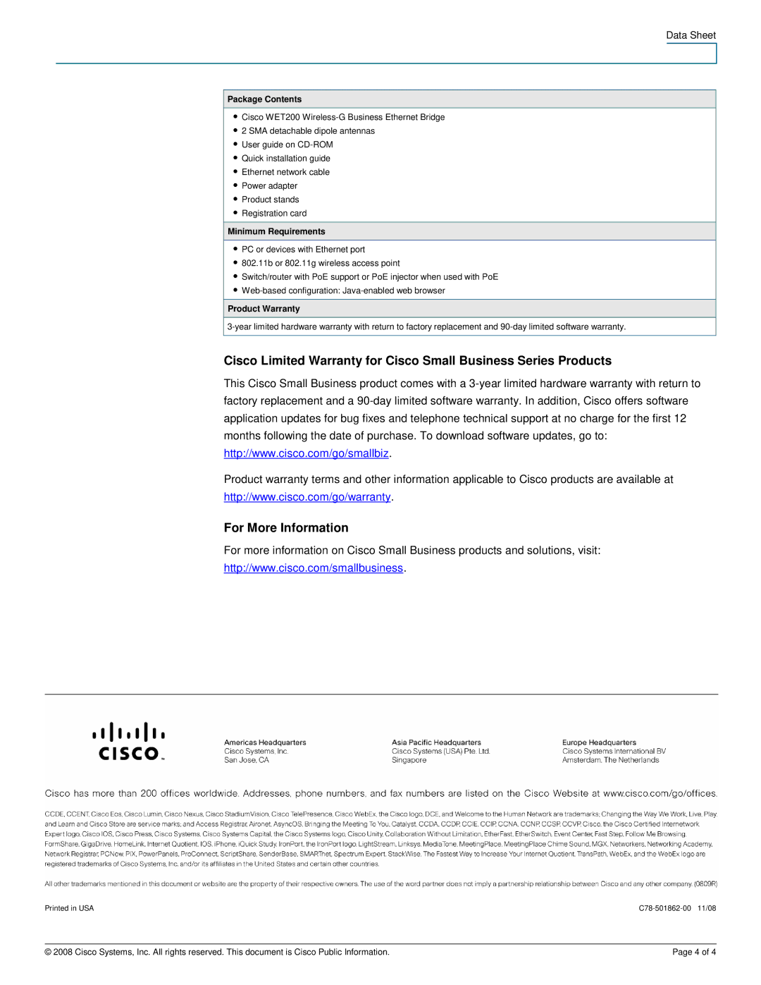 Cisco Systems WET200 manual For More Information, Package Contents, Minimum Requirements, Product Warranty 