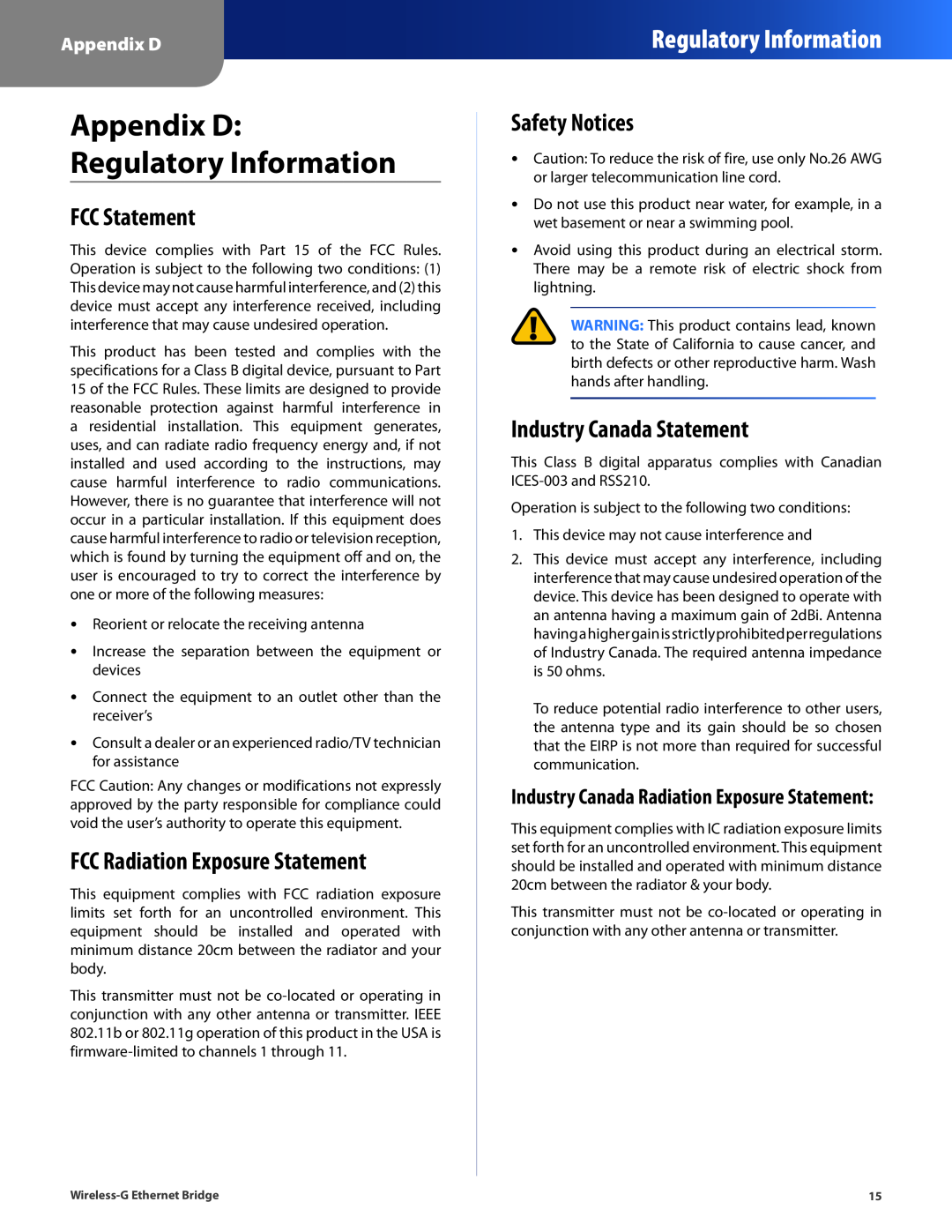 Cisco Systems WET54G Appendix D Regulatory Information, FCC Statement, FCC Radiation Exposure Statement, Safety Notices 