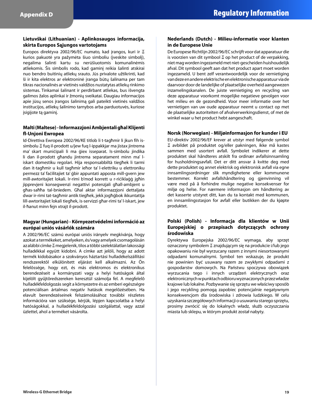 Cisco Systems WET54G manual Regulatory Information, Appendix D 