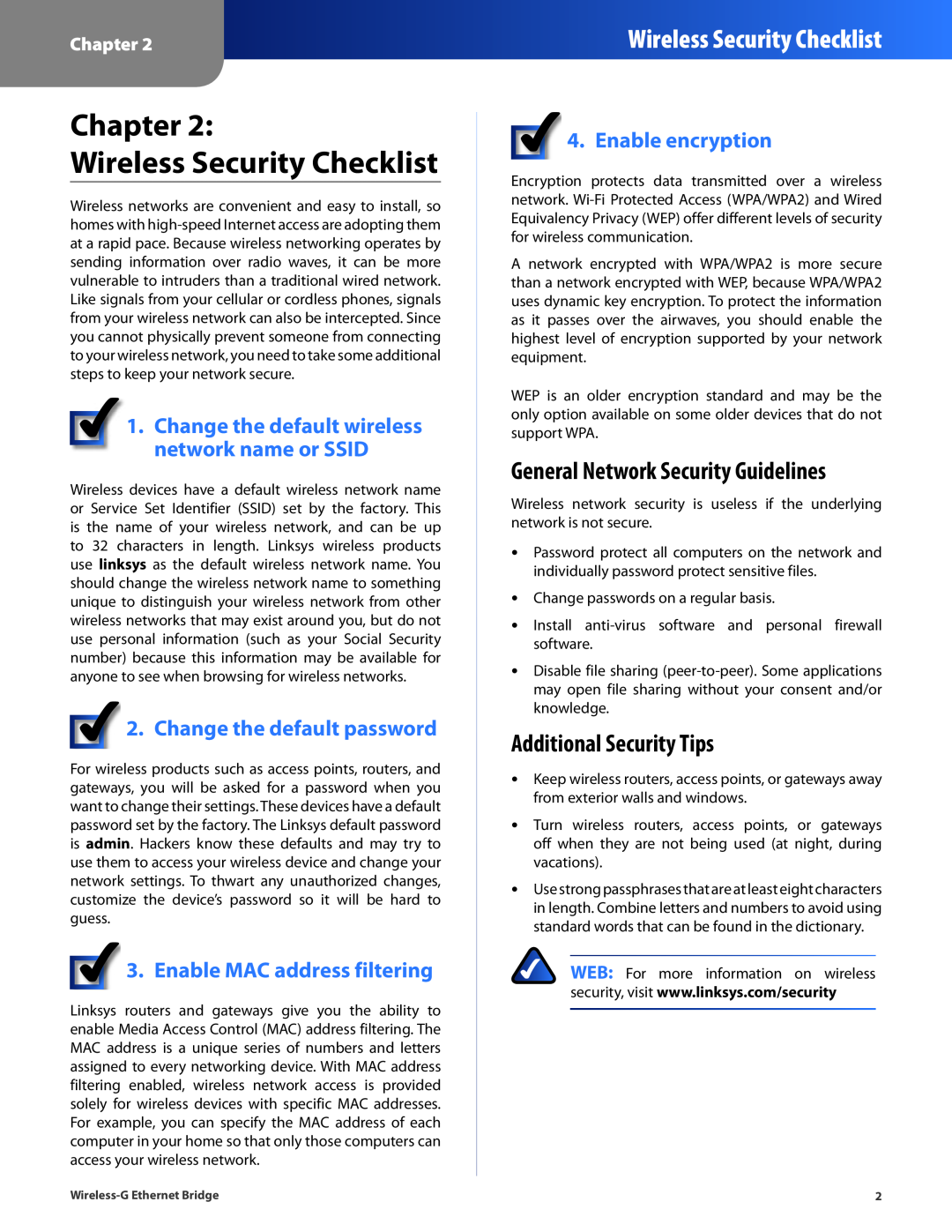 Cisco Systems WET54G Chapter Wireless Security Checklist, General Network Security Guidelines, Additional Security Tips 