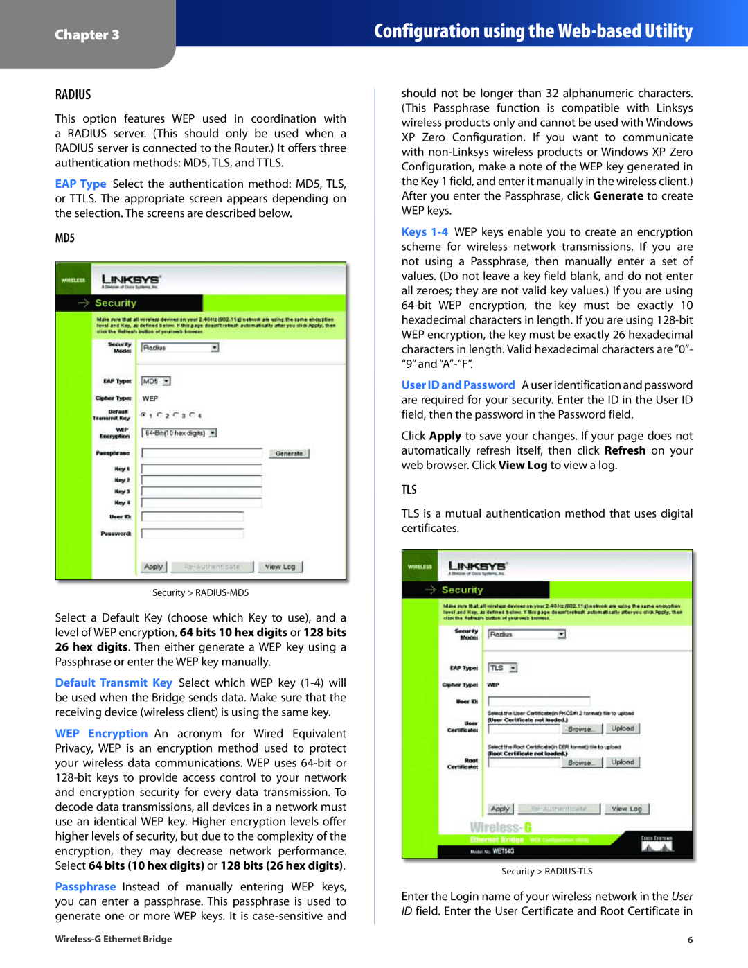 Cisco Systems WET54G manual Radius, Configuration using the Web-based Utility, Chapter 