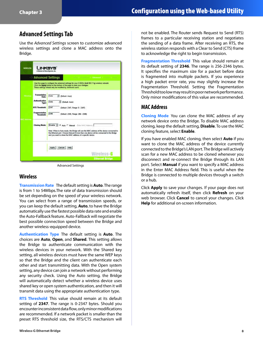 Cisco Systems WET54G manual Advanced Settings Tab, MAC Address 