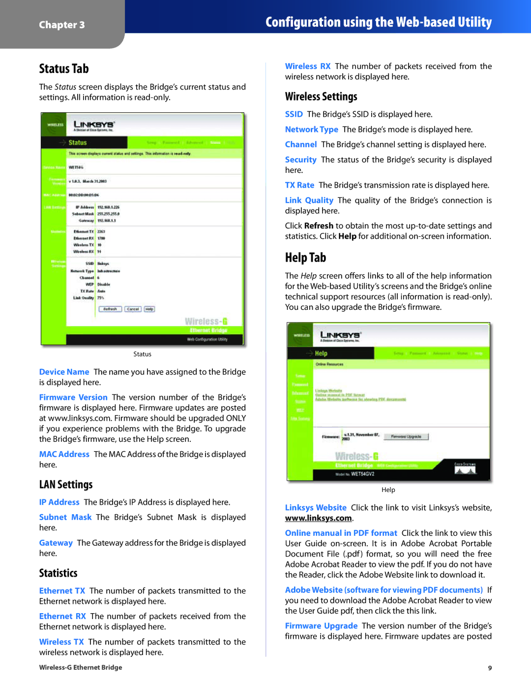 Cisco Systems WET54G manual Status Tab, Help Tab, LAN Settings, Statistics, Wireless Settings 