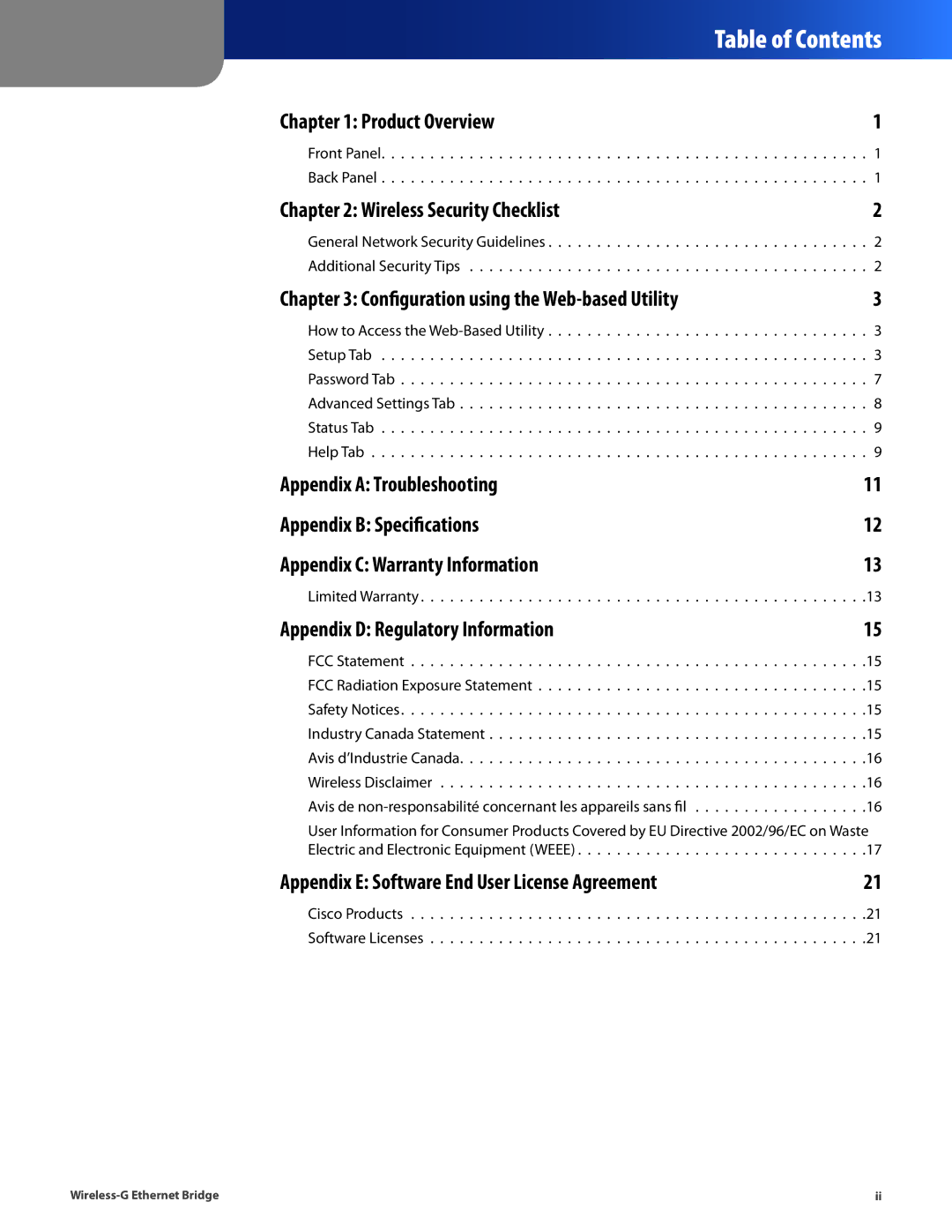 Cisco Systems WET54G manual Table of Contents 