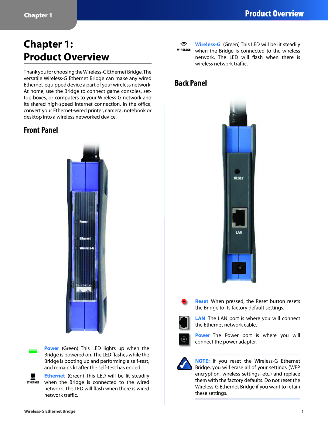 Cisco Systems WET54G manual Chapter Product Overview, Front Panel, Back Panel 