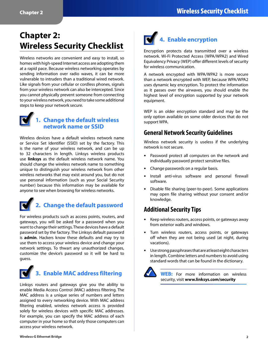 Cisco Systems WET54G Chapter Wireless Security Checklist, General Network Security Guidelines, Additional Security Tips 