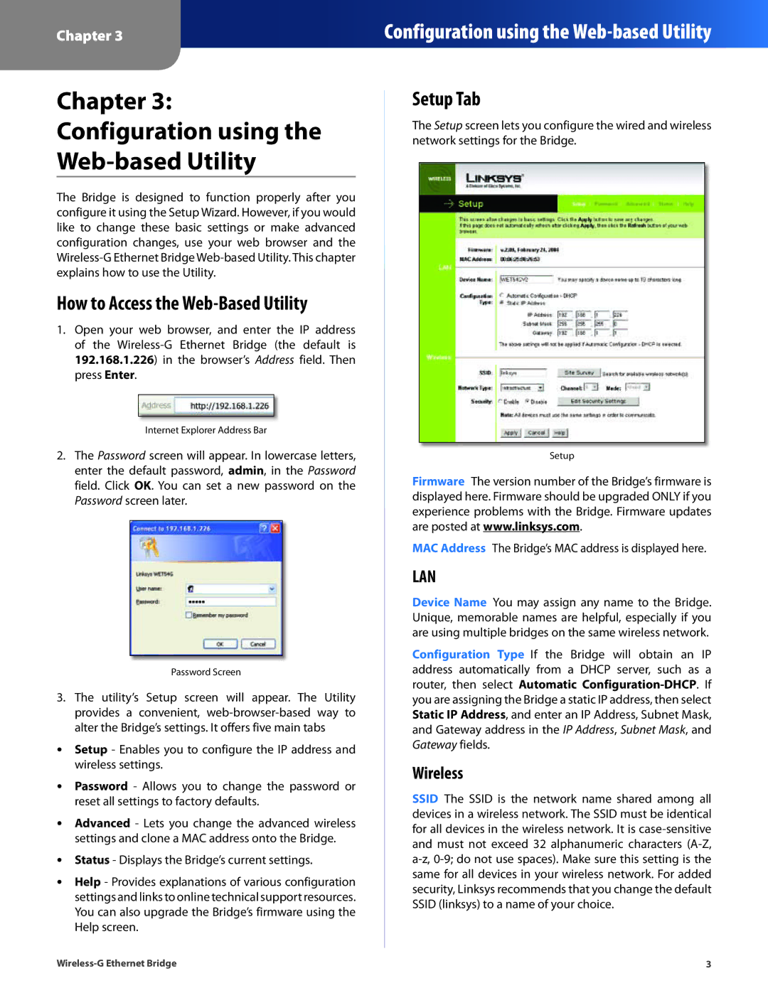 Cisco Systems WET54G Configuration using the Web-based Utility, How to Access the Web-Based Utility, Setup Tab, Wireless 