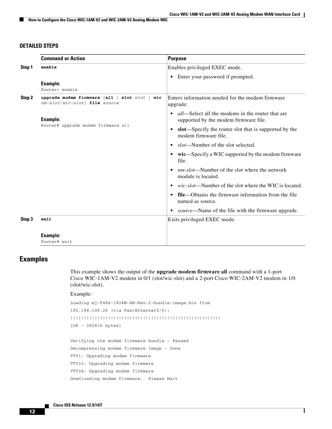 Cisco Systems WIC-1AM-V2, WIC-2AM-V2 manual Enters information needed for the modem firmware 