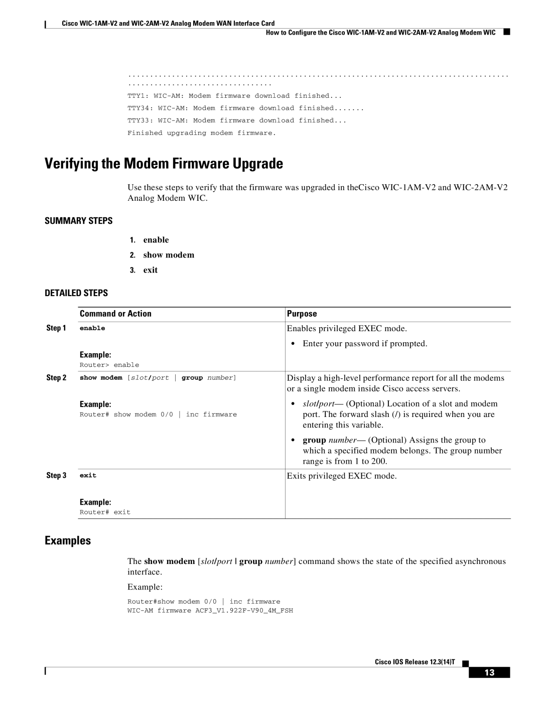 Cisco Systems WIC-2AM-V2, WIC-1AM-V2 manual Verifying the Modem Firmware Upgrade 