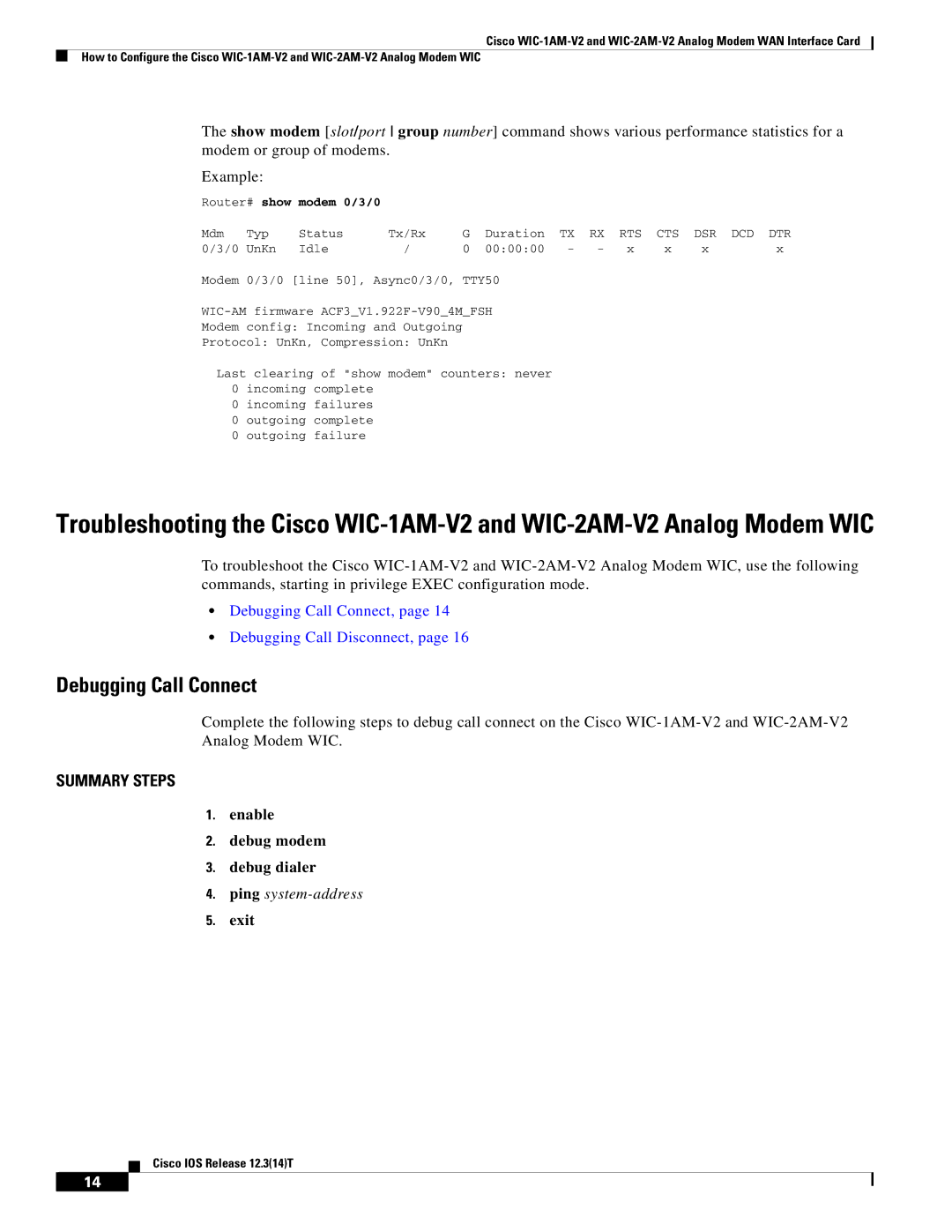 Cisco Systems WIC-1AM-V2, WIC-2AM-V2 manual Debugging Call Connect, Modem 0/3/0 