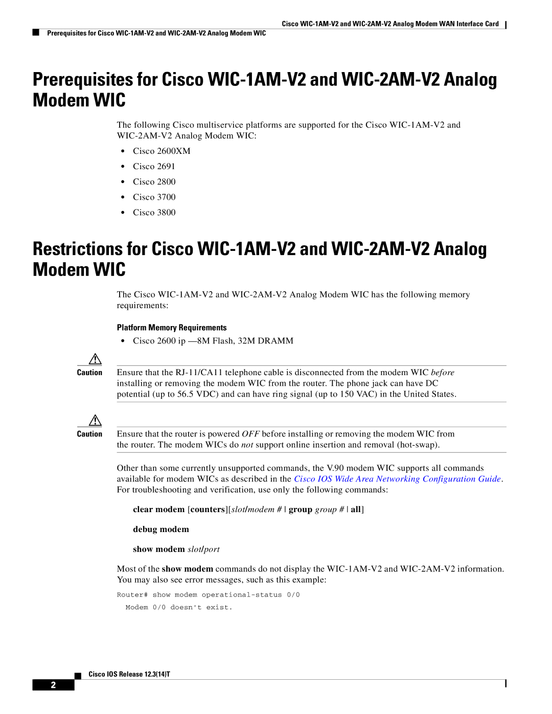 Cisco Systems WIC-1AM-V2, WIC-2AM-V2 manual Platform Memory Requirements 