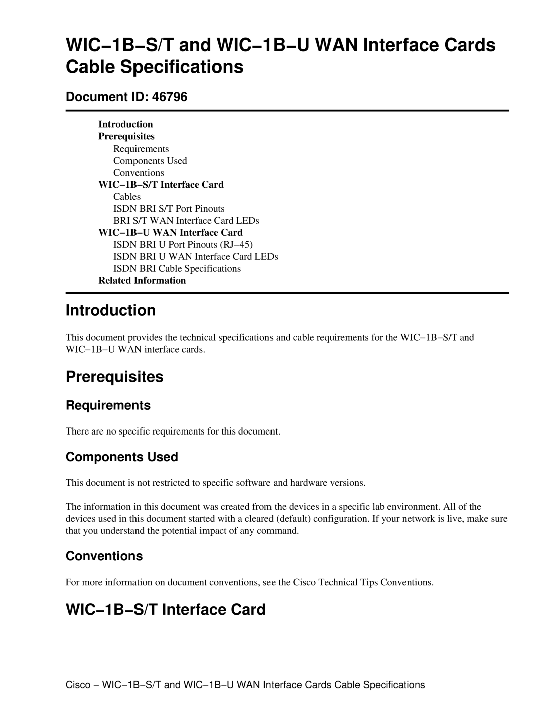 Cisco Systems WIC-1B-U, WIC-1B-S/T specifications Introduction, Prerequisites, WIC−1B−S/T Interface Card 