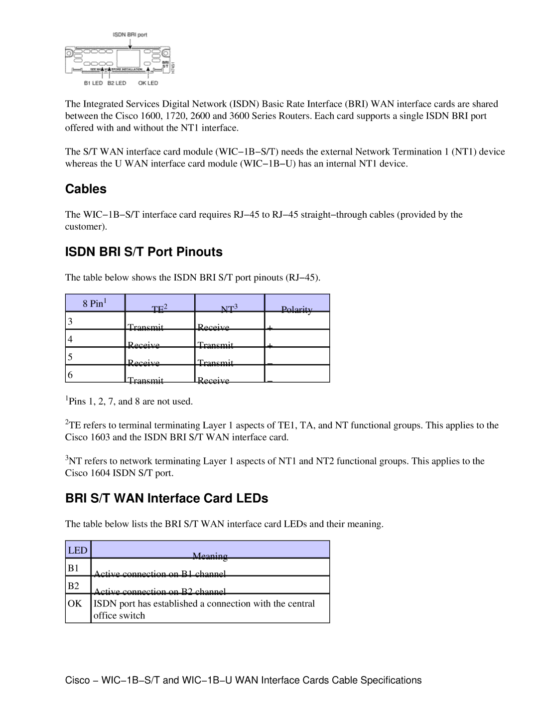 Cisco Systems WIC-1B-S/T, WIC-1B-U specifications Cables, Isdn BRI S/T Port Pinouts, BRI S/T WAN Interface Card LEDs 