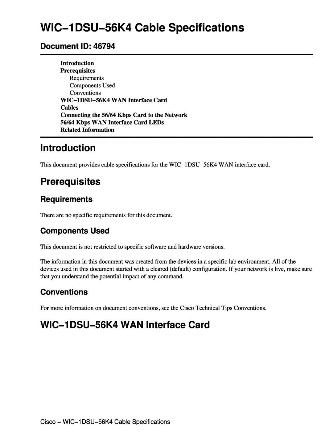 Cisco Systems WIC-1DSU-56K4 WIC−1DSU−56K4 Cable Specifications, Introduction Prerequisites, Document ID 