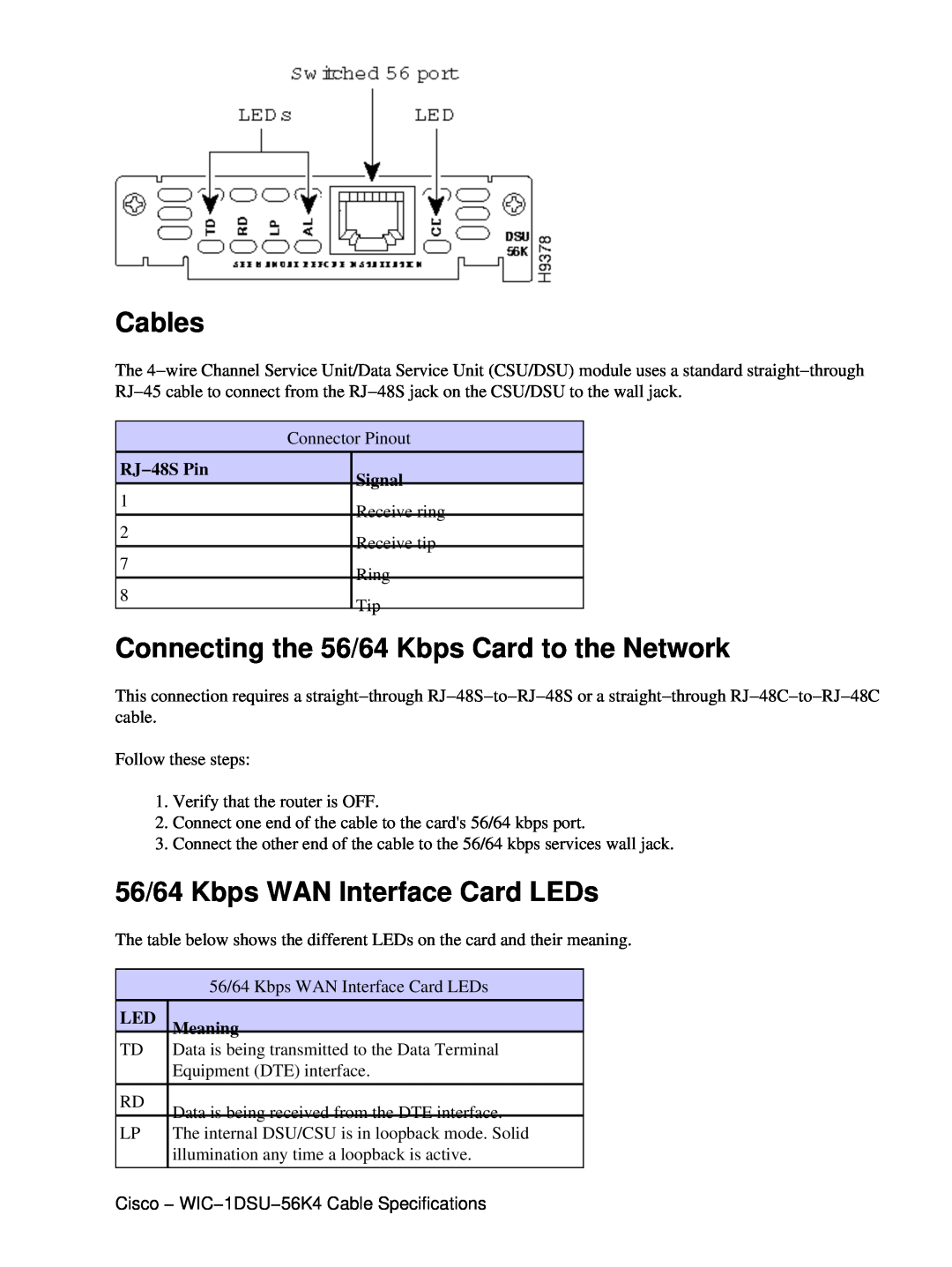 Cisco Systems WIC-1DSU-56K4 Cables, Connecting the 56/64 Kbps Card to the Network, 56/64 Kbps WAN Interface Card LEDs 