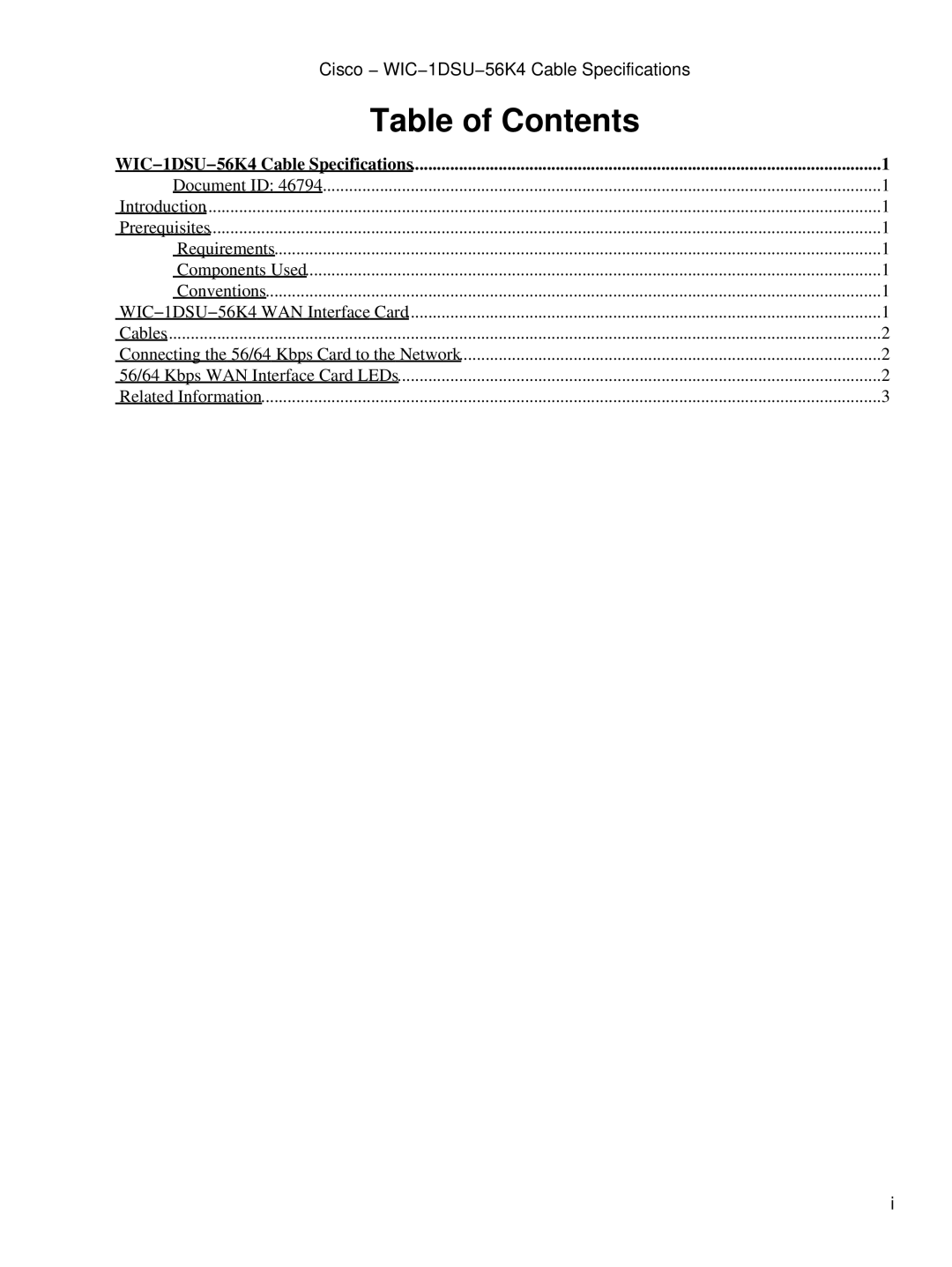 Cisco Systems WIC-1DSU-56K4 specifications Table of Contents 