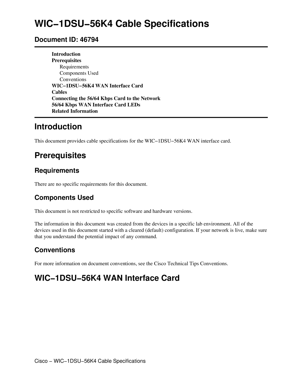 Cisco Systems WIC-1DSU-56K4 specifications WIC−1DSU−56K4 Cable Specifications, Introduction, Prerequisites 