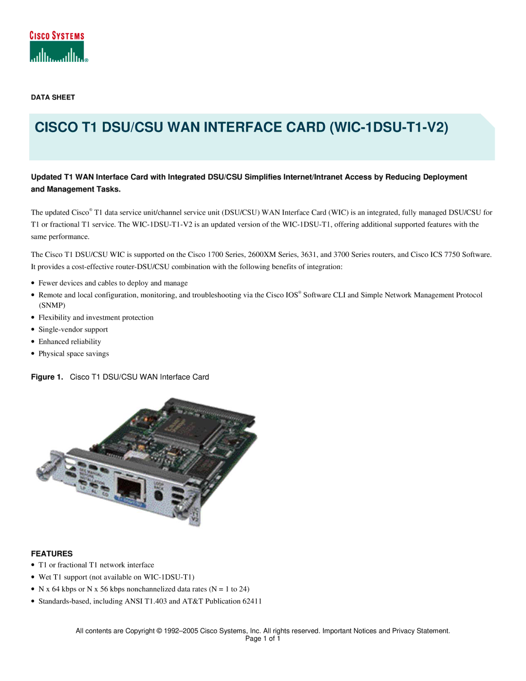 Cisco Systems manual Cisco T1 DSU/CSU WAN Interface Card WIC-1DSU-T1-V2, Features 