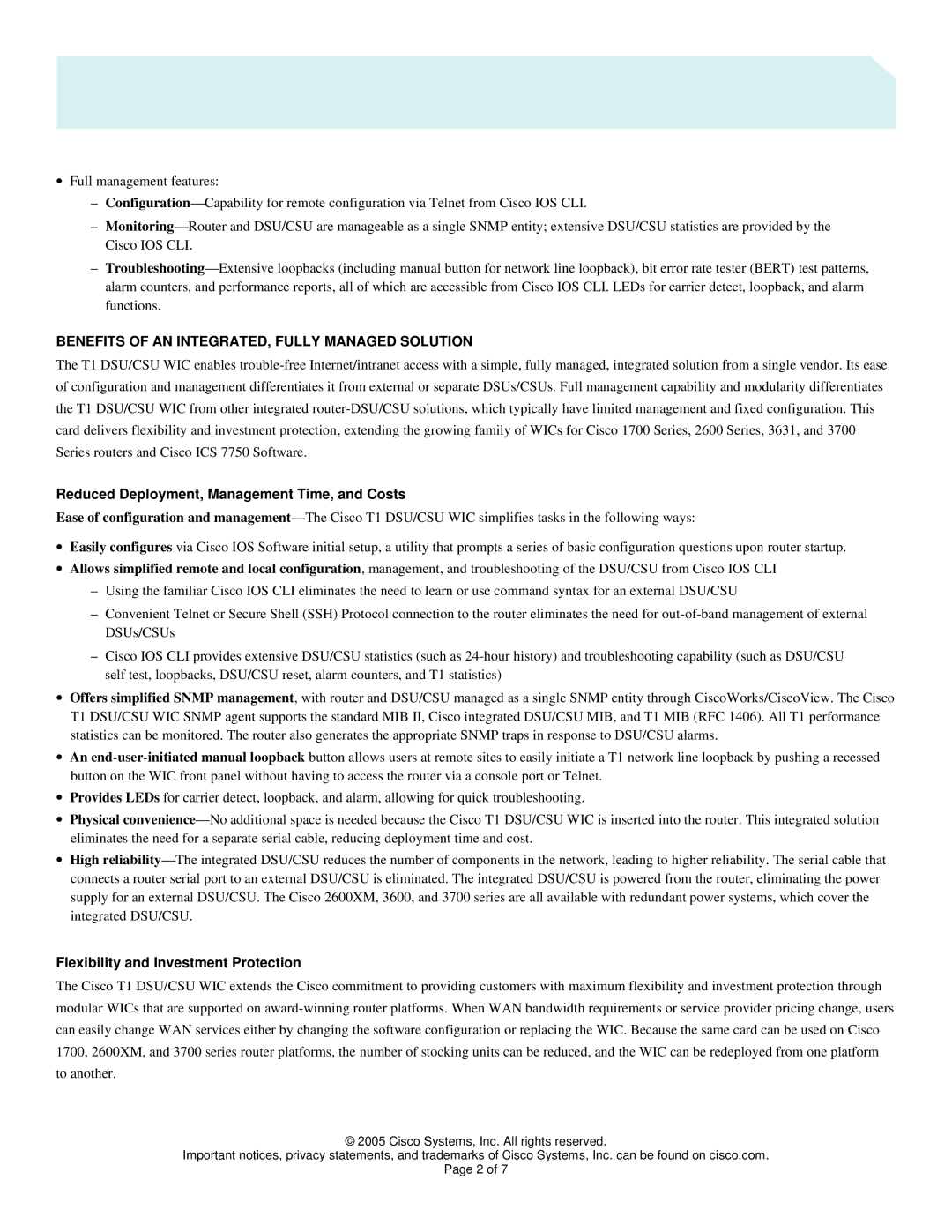 Cisco Systems WIC-1DSU-T1-V2 manual Functions, Benefits of AN INTEGRATED, Fully Managed Solution, Integrated DSU/CSU 