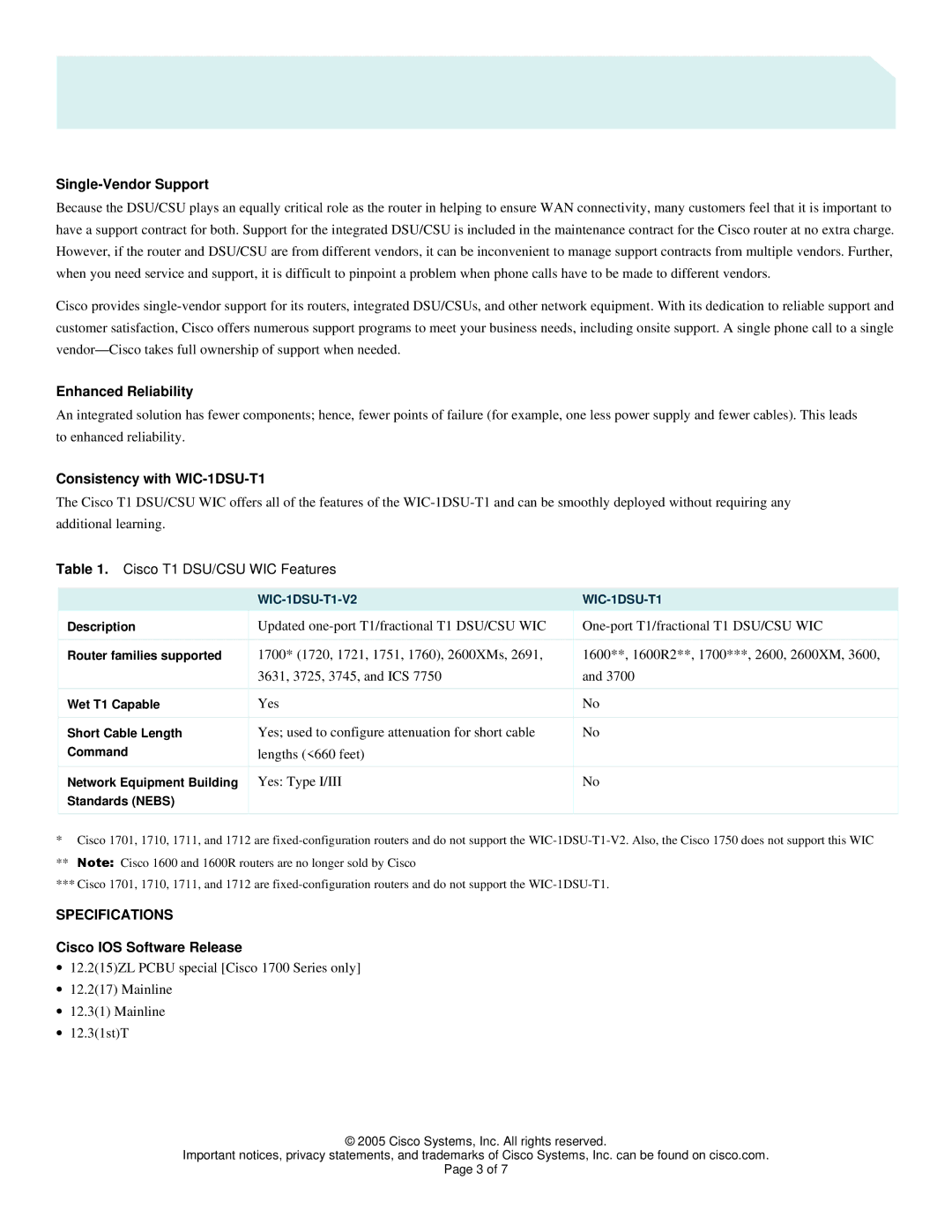 Cisco Systems WIC-1DSU-T1-V2 Single-Vendor Support, Enhanced Reliability, Consistency with WIC-1DSU-T1, Specifications 