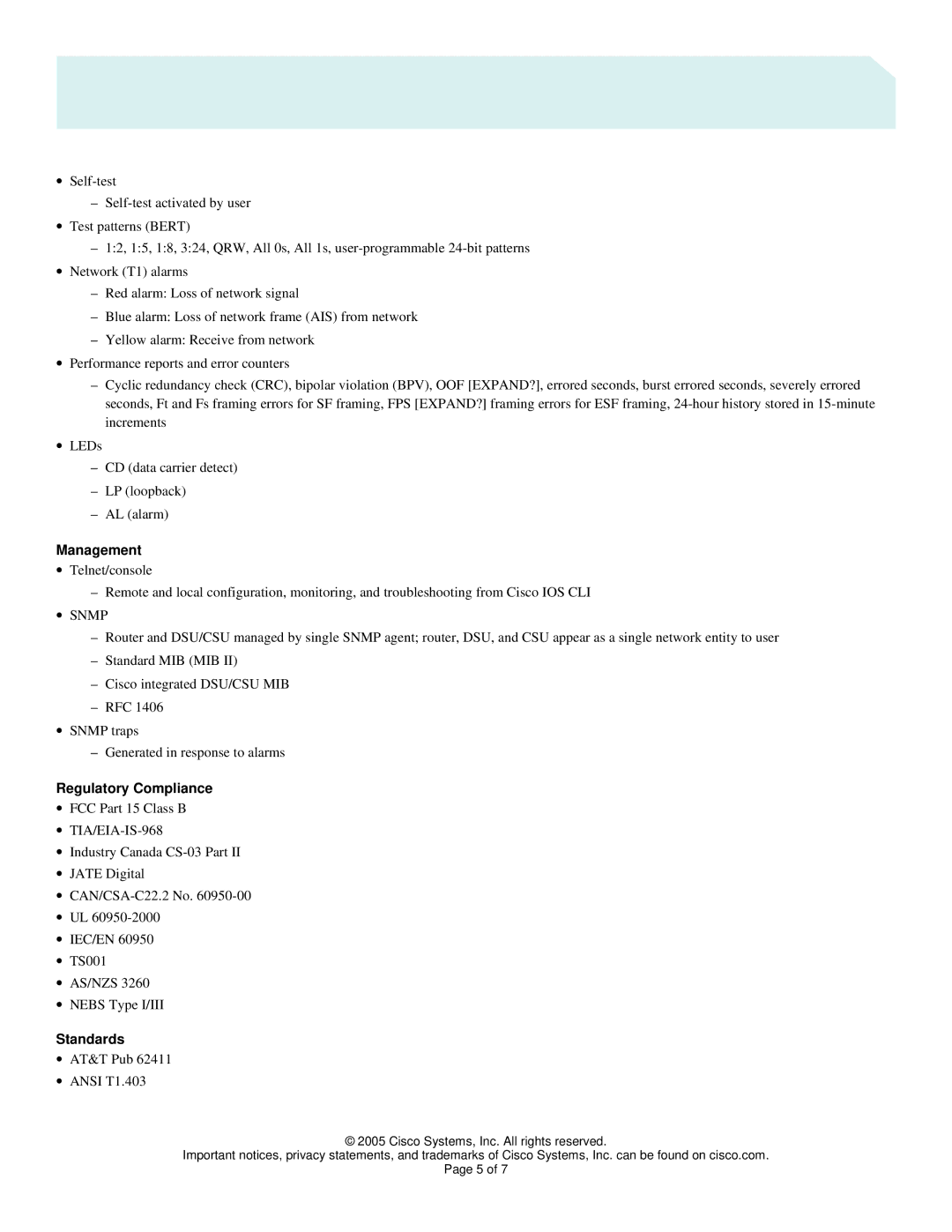 Cisco Systems WIC-1DSU-T1-V2 manual Management, Regulatory Compliance, Standards, ∙ AT&T Pub ∙ Ansi T1.403 