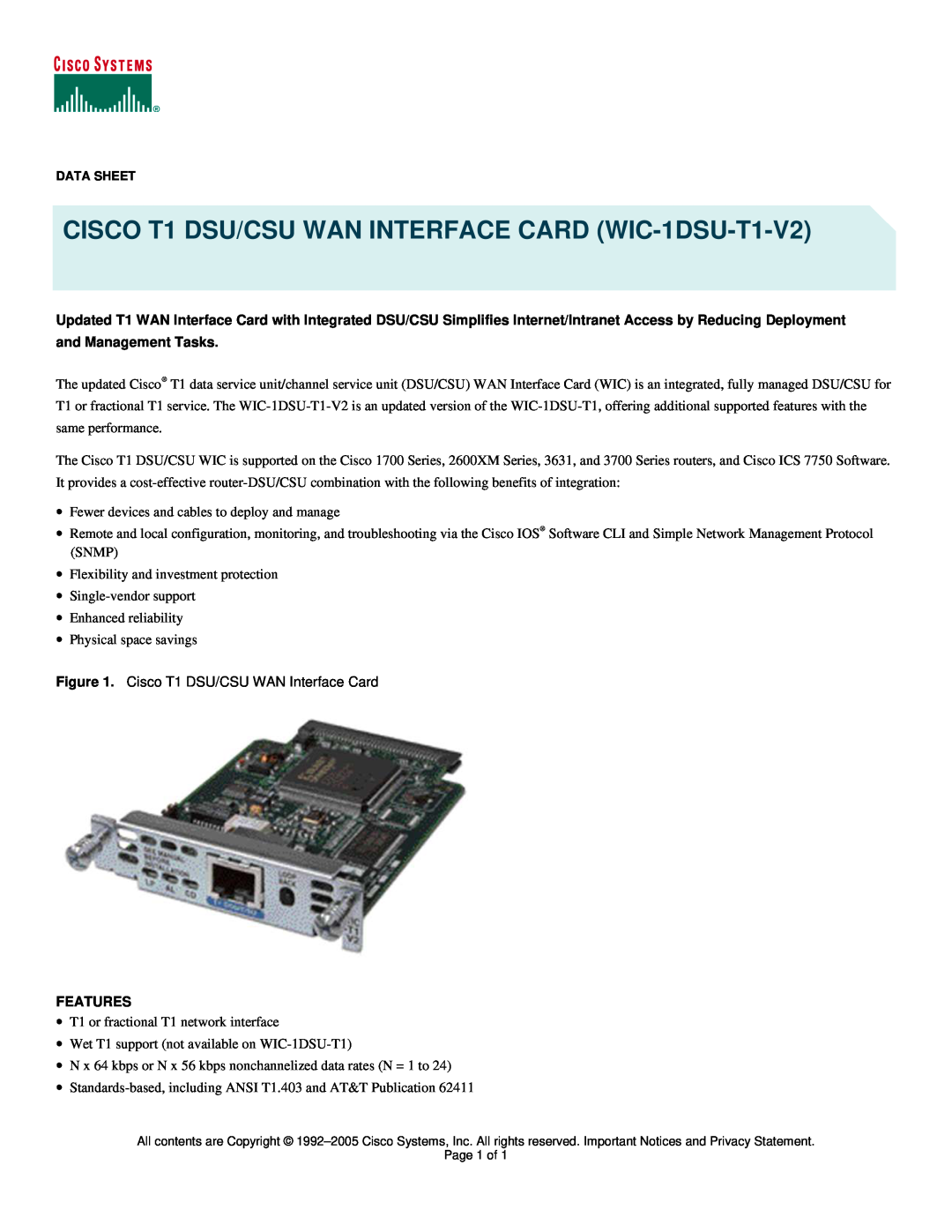 Cisco Systems manual and Management Tasks, Features, CISCO T1 DSU/CSU WAN INTERFACE CARD WIC-1DSU-T1-V2 