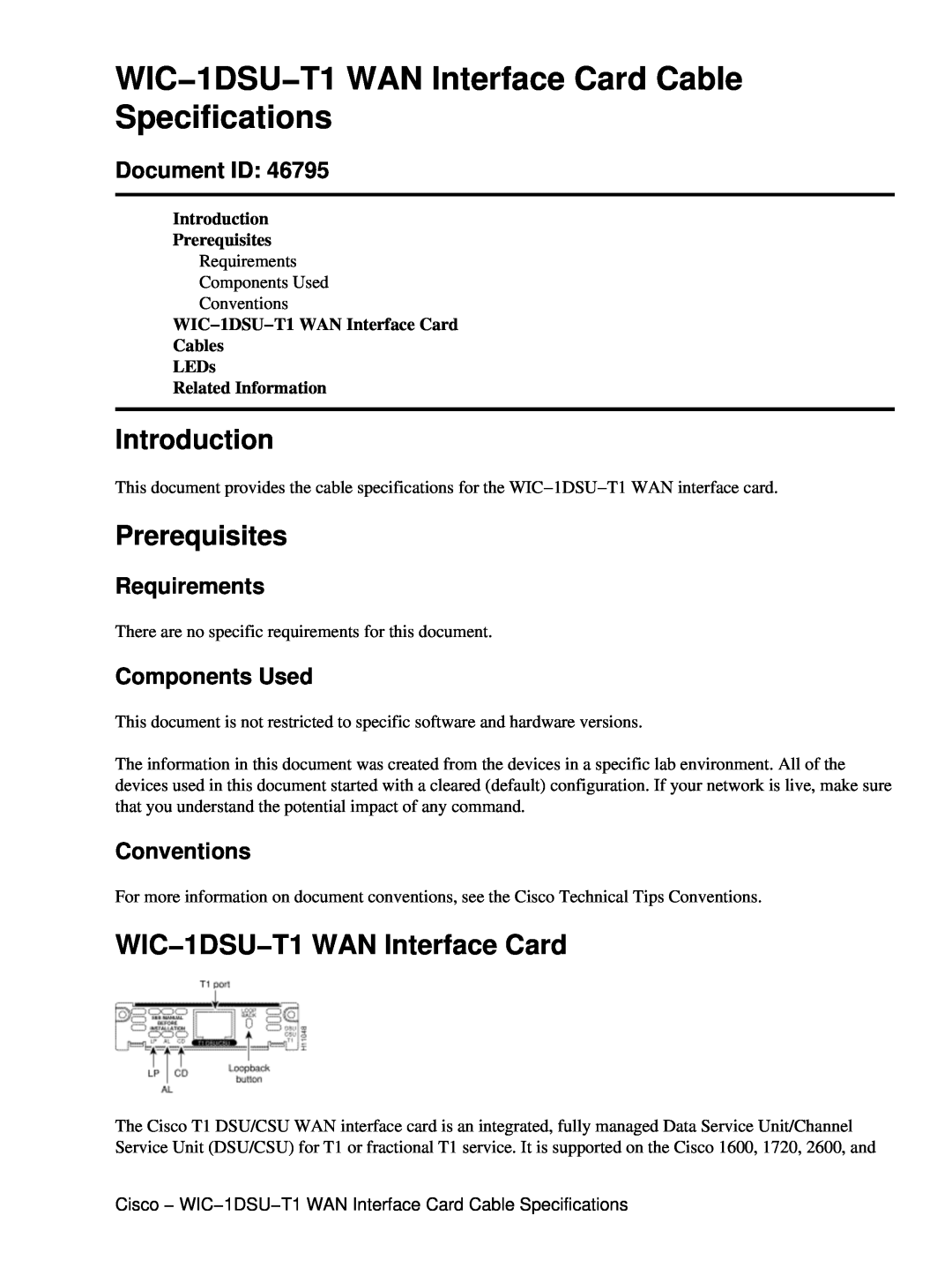 Cisco Systems WIC-1DSU-T1 WIC−1DSU−T1 WAN Interface Card Cable Specifications, Introduction, Prerequisites, Document ID 