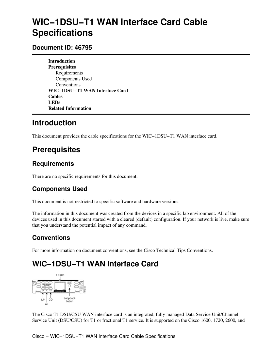 Cisco Systems WIC-1DSU-T1 specifications WIC−1DSU−T1 WAN Interface Card Cable Specifications, Introduction, Prerequisites 