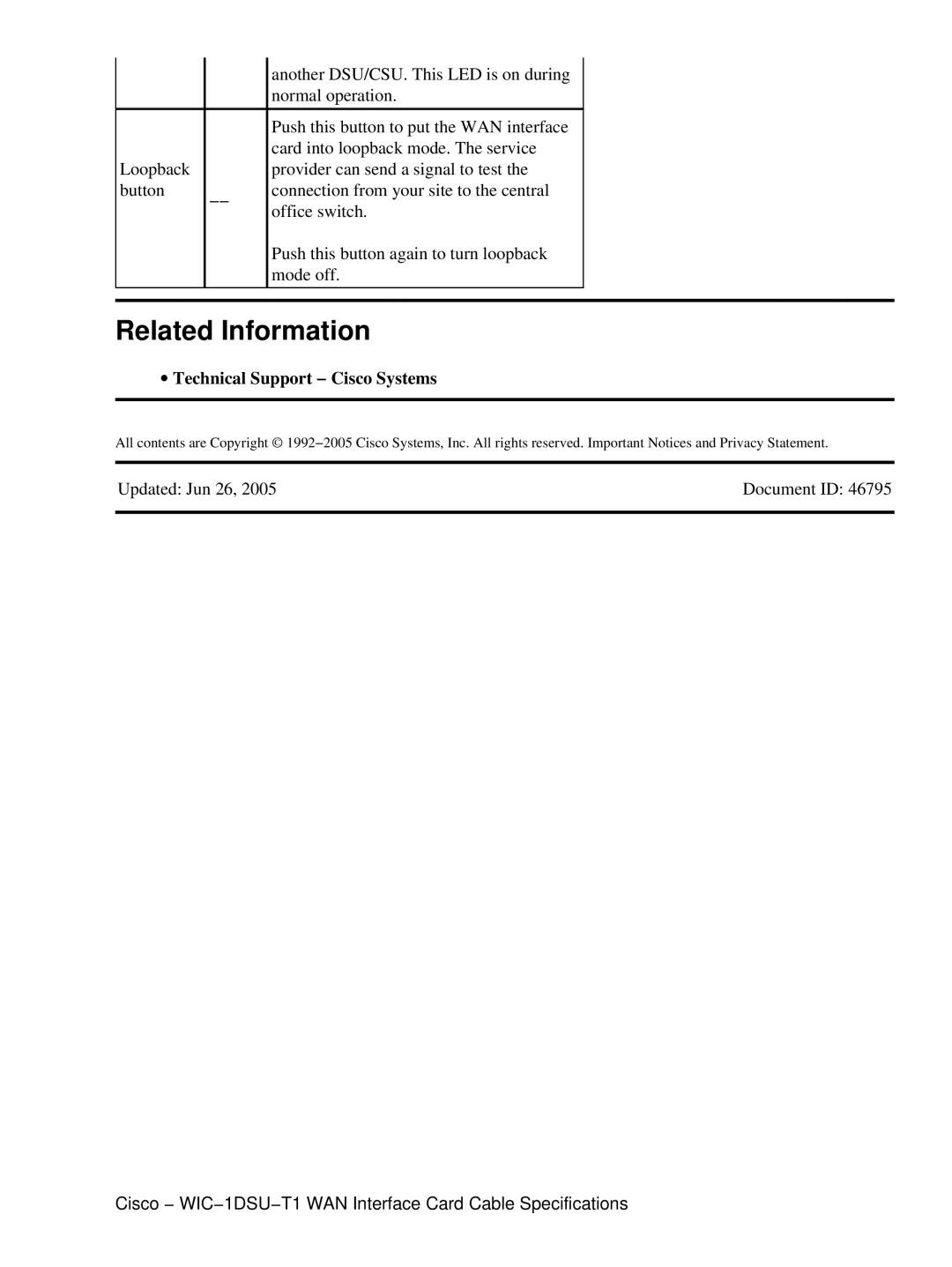 Cisco Systems WIC-1DSU-T1 specifications Related Information, ∙ Technical Support − Cisco Systems 