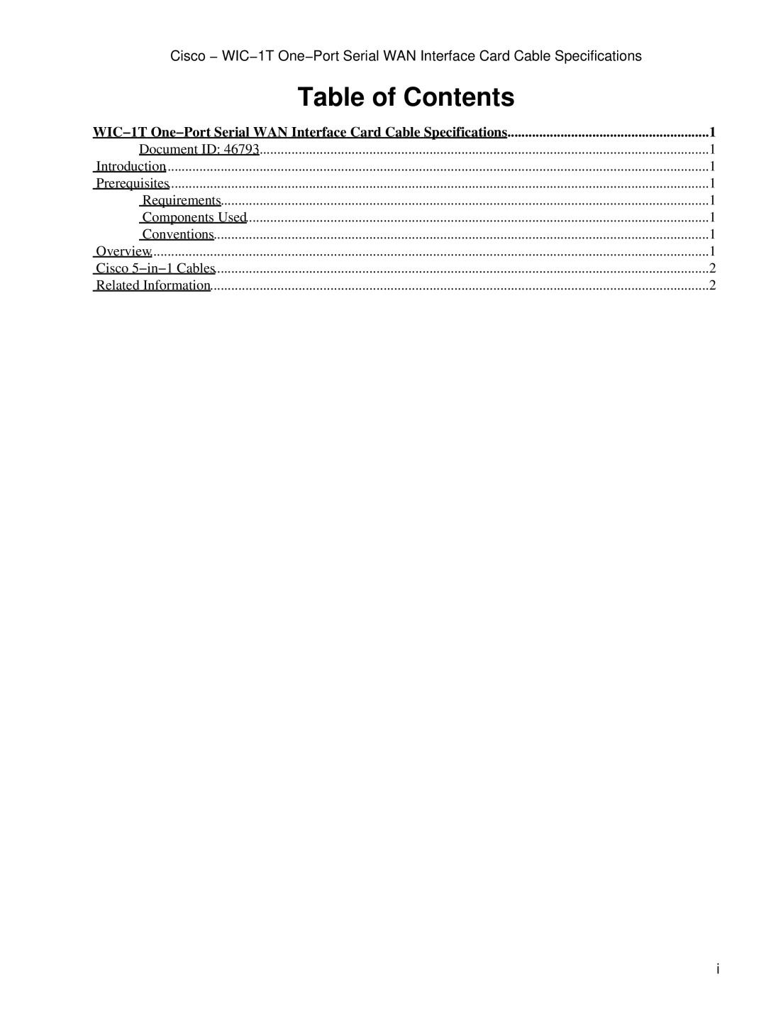 Cisco Systems WIC-1T specifications Table of Contents 