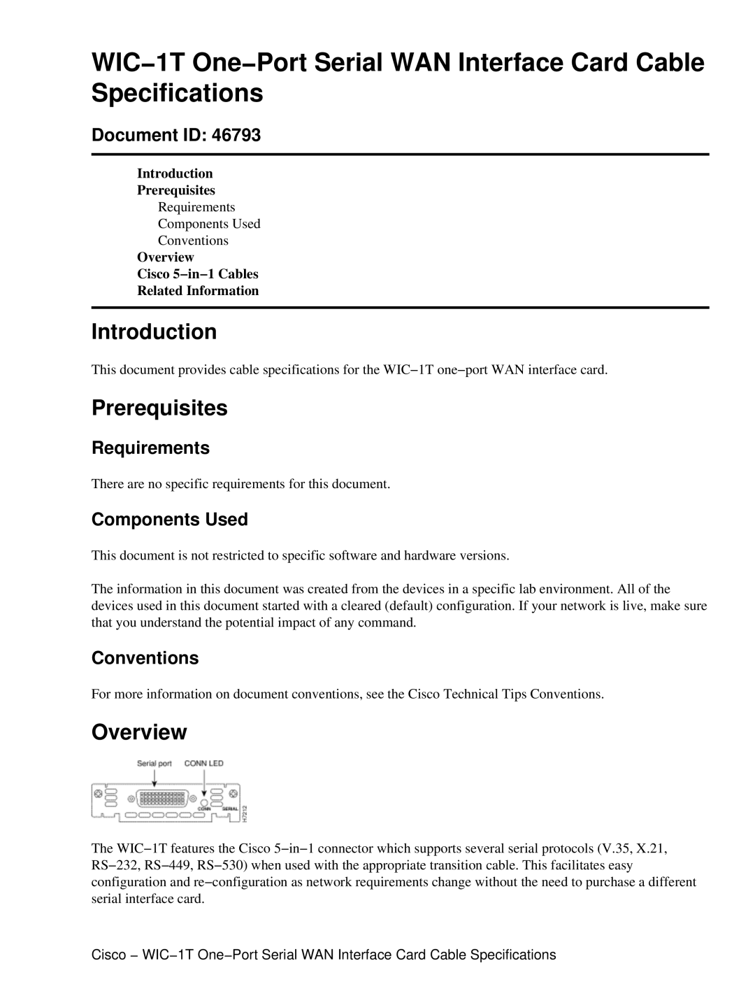 Cisco Systems WIC-1T specifications Introduction, Prerequisites, Overview 