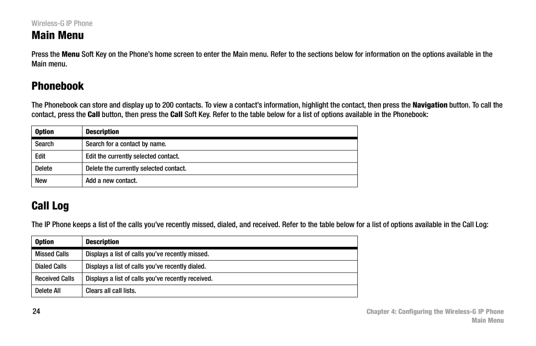 Cisco Systems WIP300 manual Main Menu, Phonebook, Call Log 