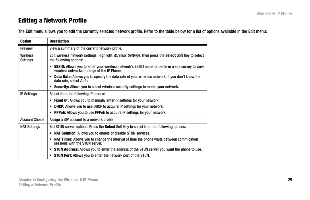 Cisco Systems WIP300 manual Editing a Network Profile, Settings Following options 